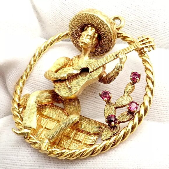 Authentic! Rudi Cherny 18k Yellow Gold Guitar Player Cactus Ruby Pendant - Picture 4 of 13